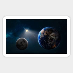 Planet earth and the moon in space, stars fill the sky, with sunlight, 3D illustration Sticker